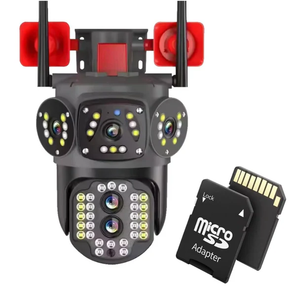 Camera supraveghere cu trei video WiFi, CCTV PTZ, infrarosu, vedere nocturna, stocare cloud /SD,  doua cai audio si Card de memorie 32GB