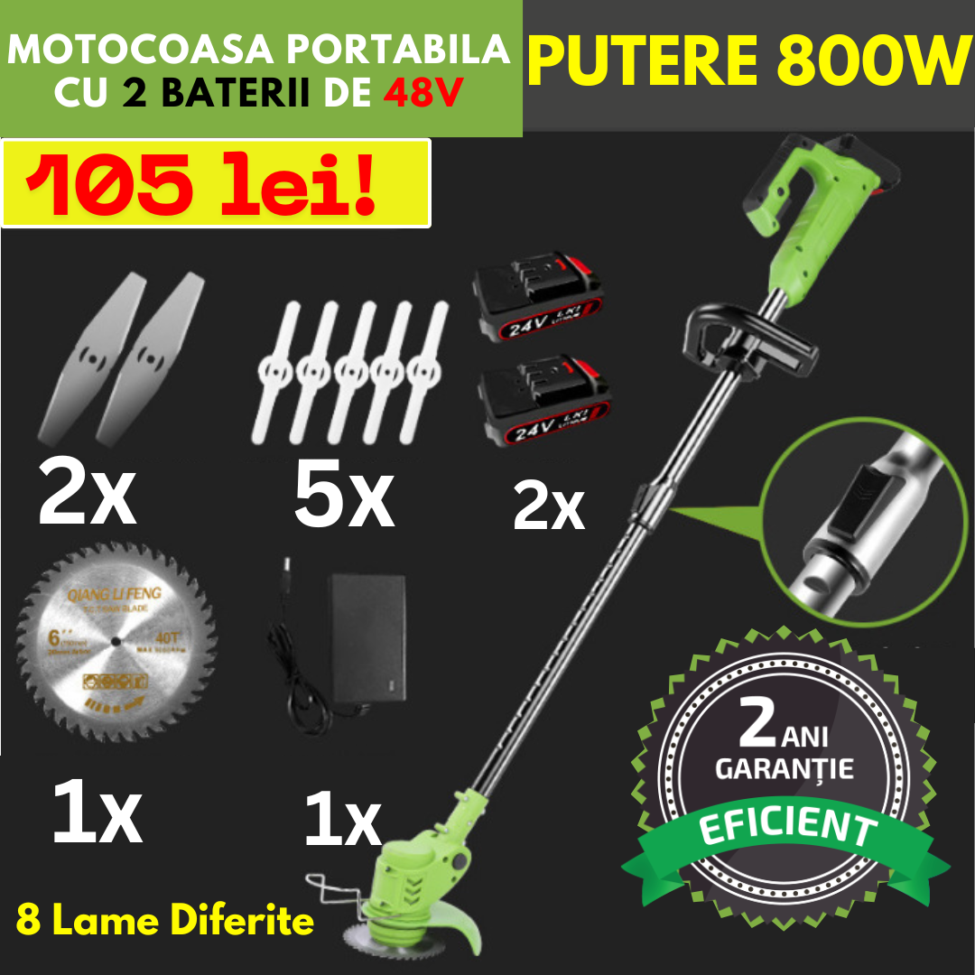 Motocoasa Portabila Cu 2 BATERII de 48V, Putere 800W, Cu Brat Extensibil, Pentru Gazon, 8 Lame Diferite
