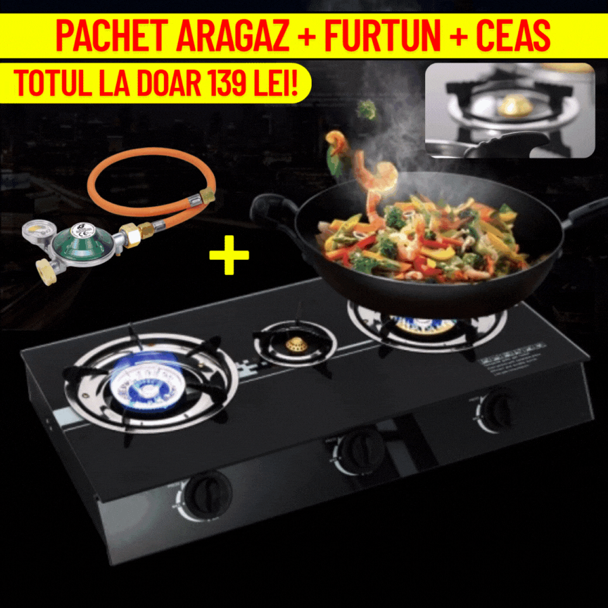 Aragaz 3 Ochiuri + Furtun + Ceas de Gaz Cadou – Pachet Complet