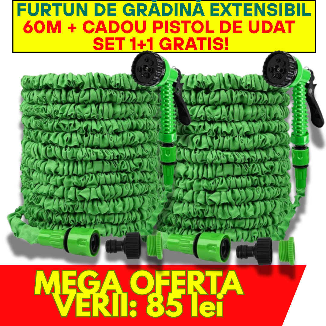 Furtun de Grădină Extensibil 60m + CADOU Pistol de Udat – Set 1+1 GRATIS!