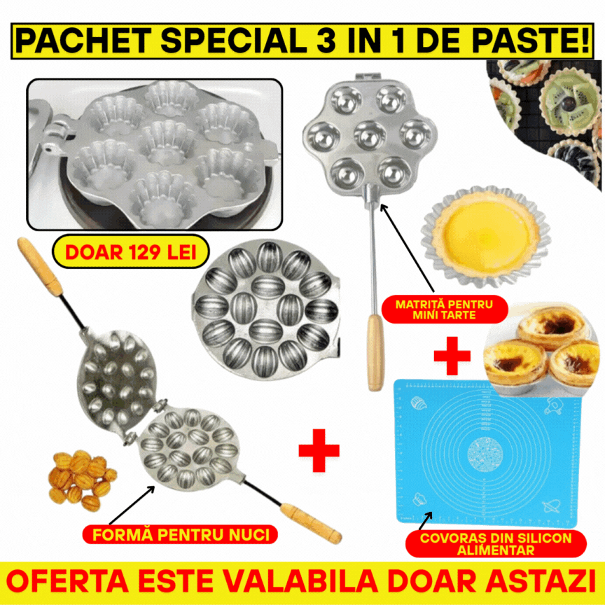OFERTĂ SPECIALĂ 3 IN 1 DE PAȘTE! +Covoraș din silicon alimentar+Matriță pentru mini tarte și formă pentru nuci!