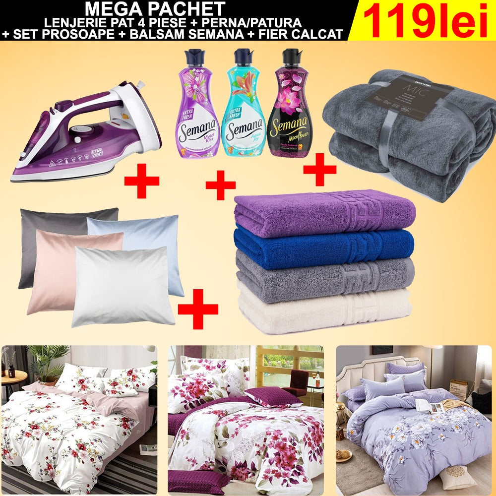 Set Lenjerie Deluxe 4 piese + Perna/Patura + Set prosoape cadou + Balsam rufe + Cadou fier călcat cu 2 ani garanție oferit la achiziționarea a doua pachete