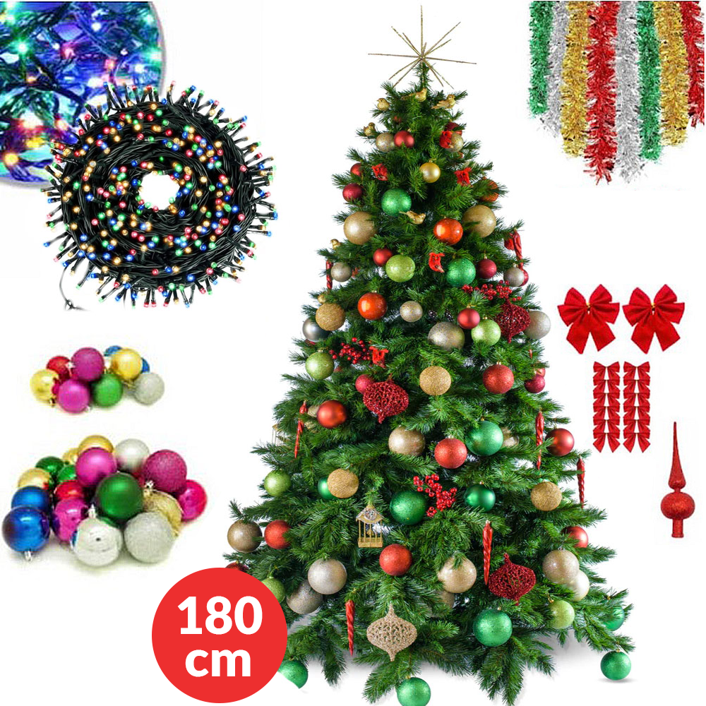 Pachet complet Craciun! Brad Artificial De Craciun 180 Cm + Decoratiuni multiple + Luminite