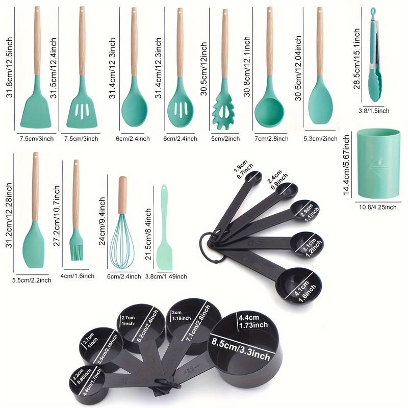 Set 12 Ustensile de gatit din silicon, cu maner din bambus, multicolor