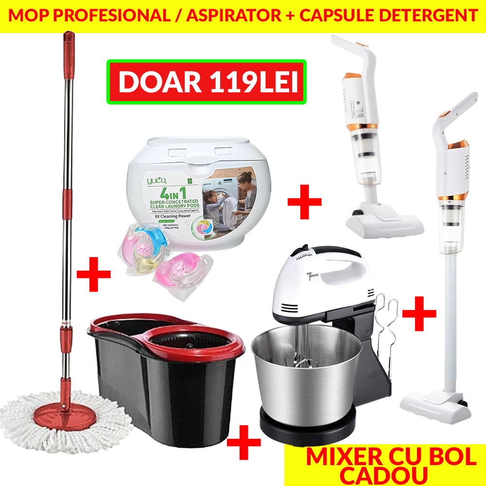 MEGA PACHET: Mop Profesional / Aspirator + Capsule de detergent + CADOU Mixer cu bol